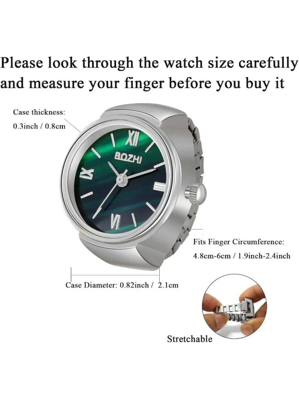 Women's Silver Green Quartz Stretchy Band Elastic Simple Dial Finger Ring Watch